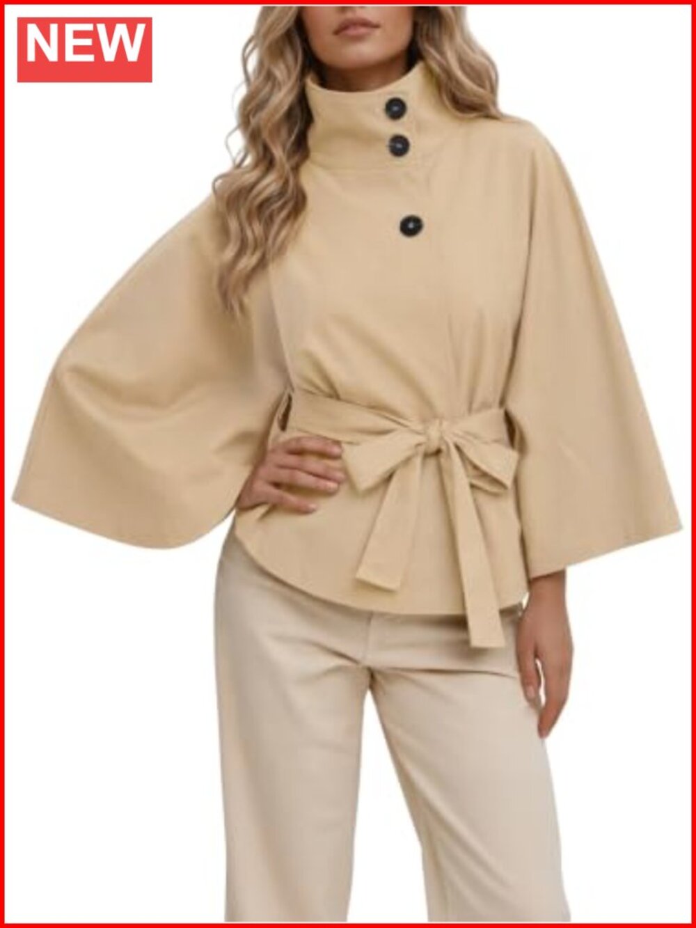 Cape Sleeve Cropped Trench Coat Belted Stand Collar
